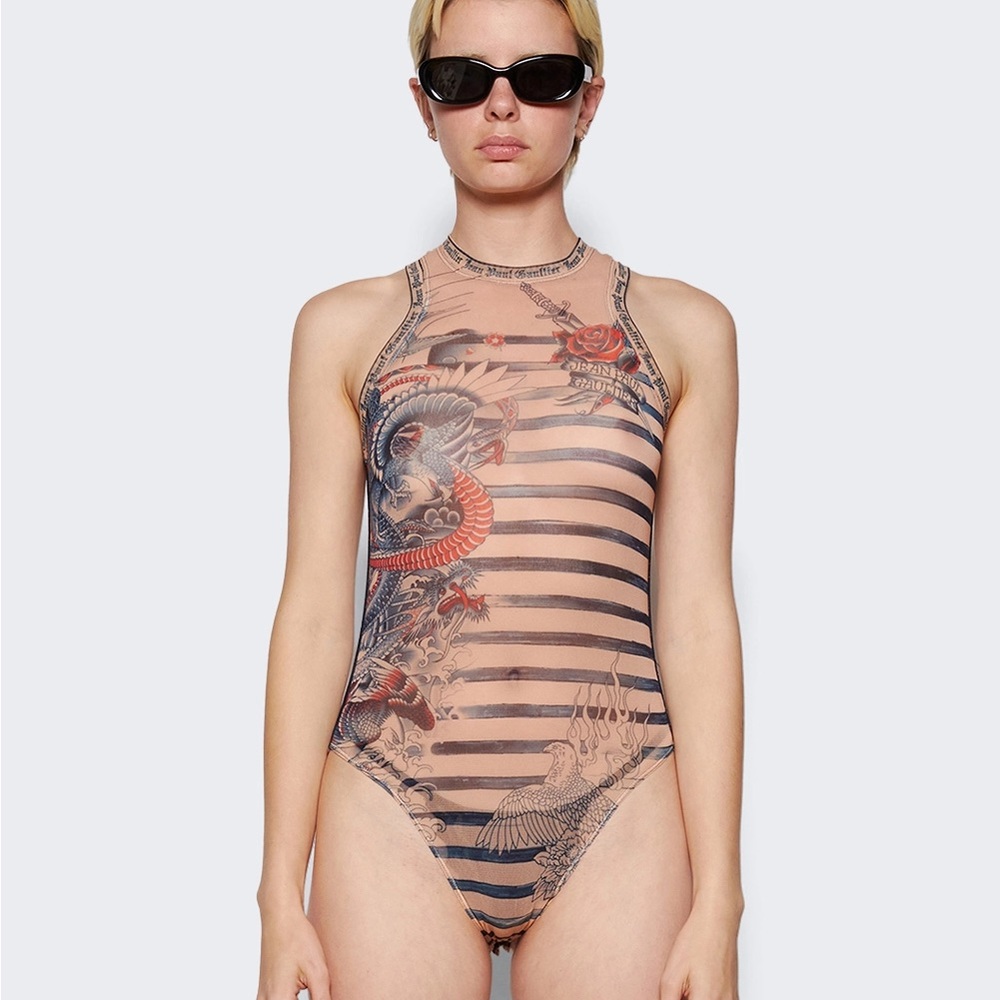 Jean Paul Gaultier MARINIERE TATTOO BODYSUIT NUDE AND BLUE